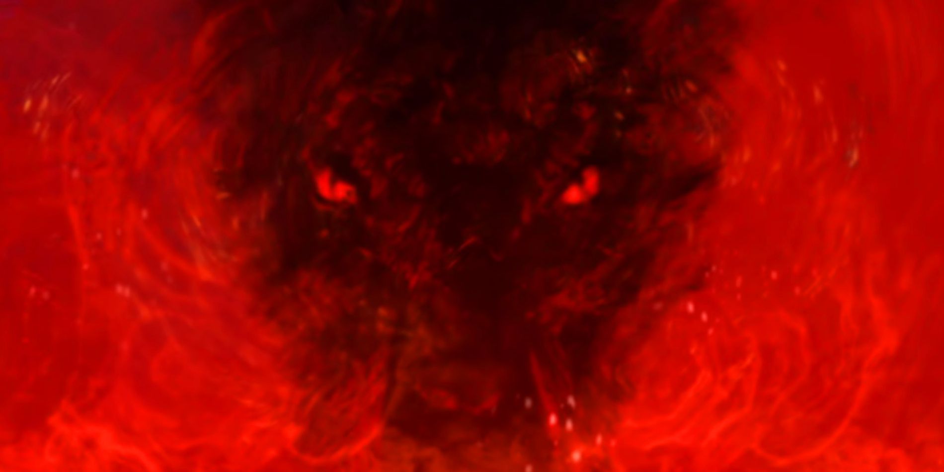 Screenshot from Monsters anime shows large dragon face obscured by red flames and mist but it's bright red eyes shine through.
