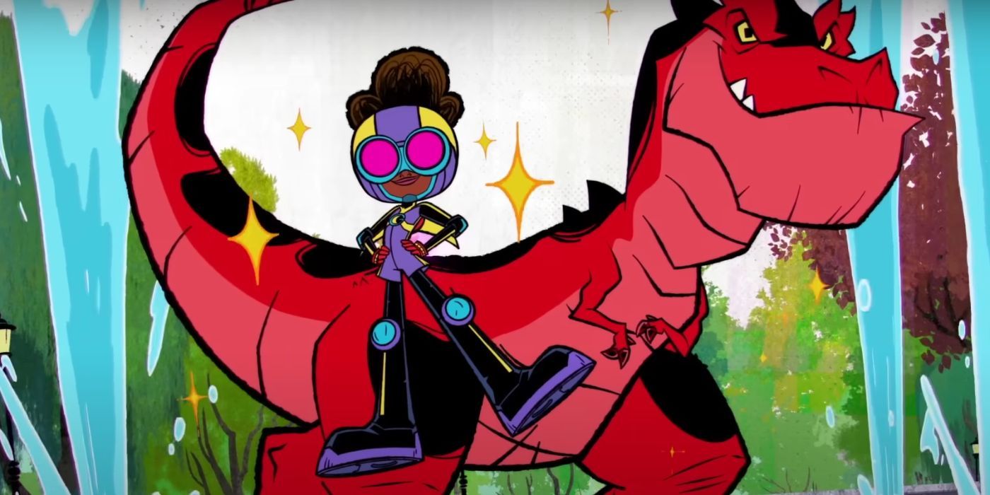 Moon Girl flying with arms akimbo while Devil Dinosaur grins
