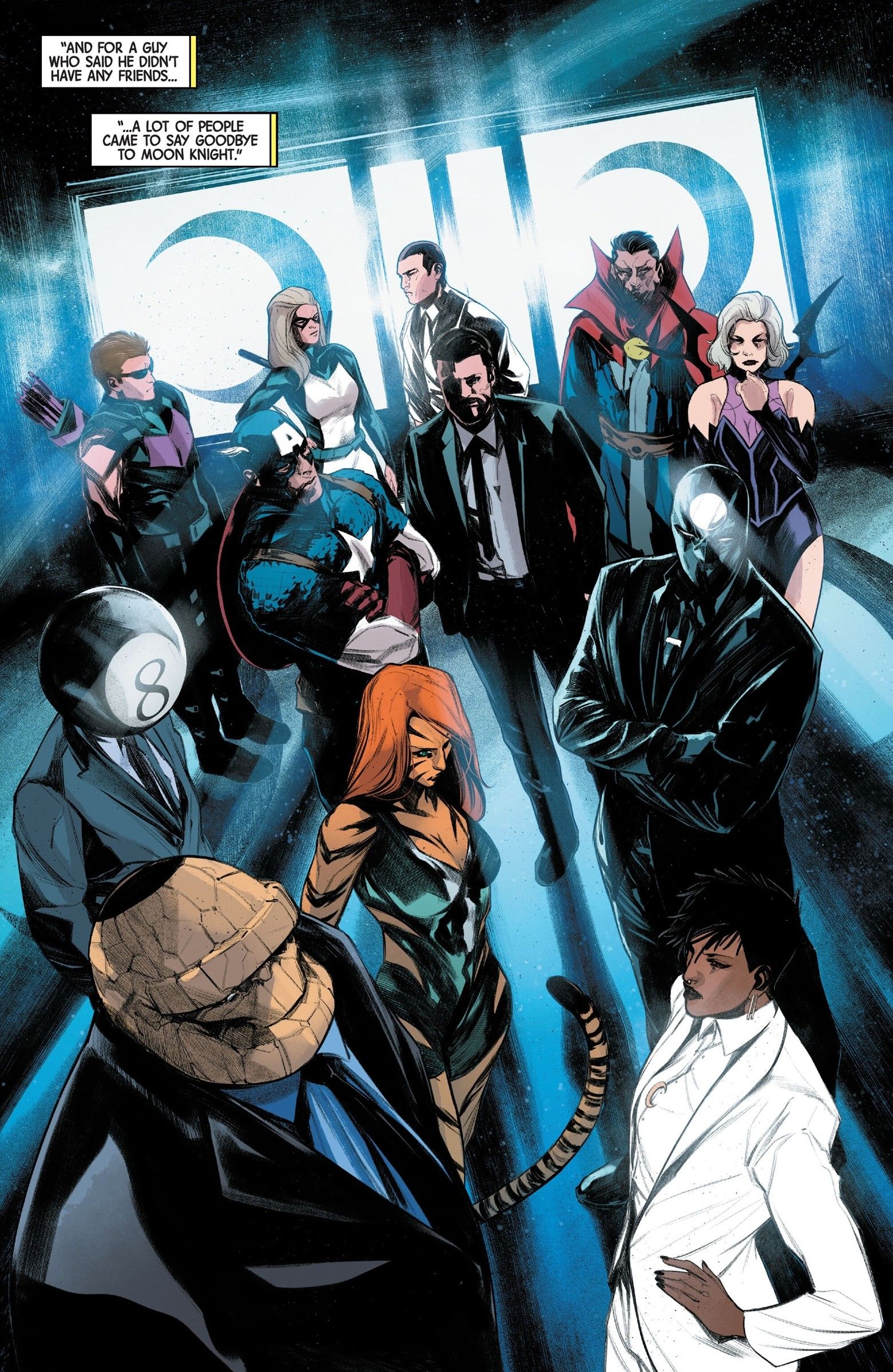 A group of heroes, including the Thing, Doctor Strange, Clea and Tigra attend Moon Knight's funeral.