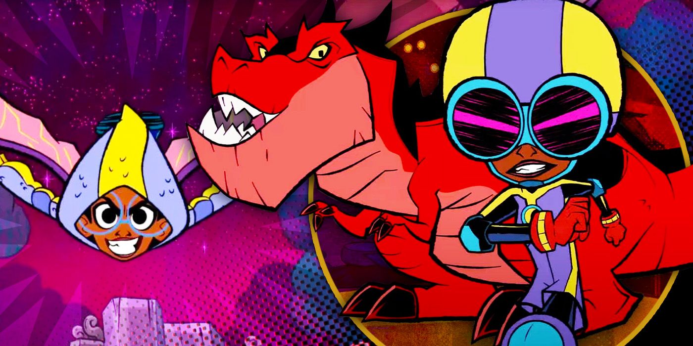 Imagen editada de Moon Girl junto a ella con su scooter y Devil Dinosaur volando de fondo.