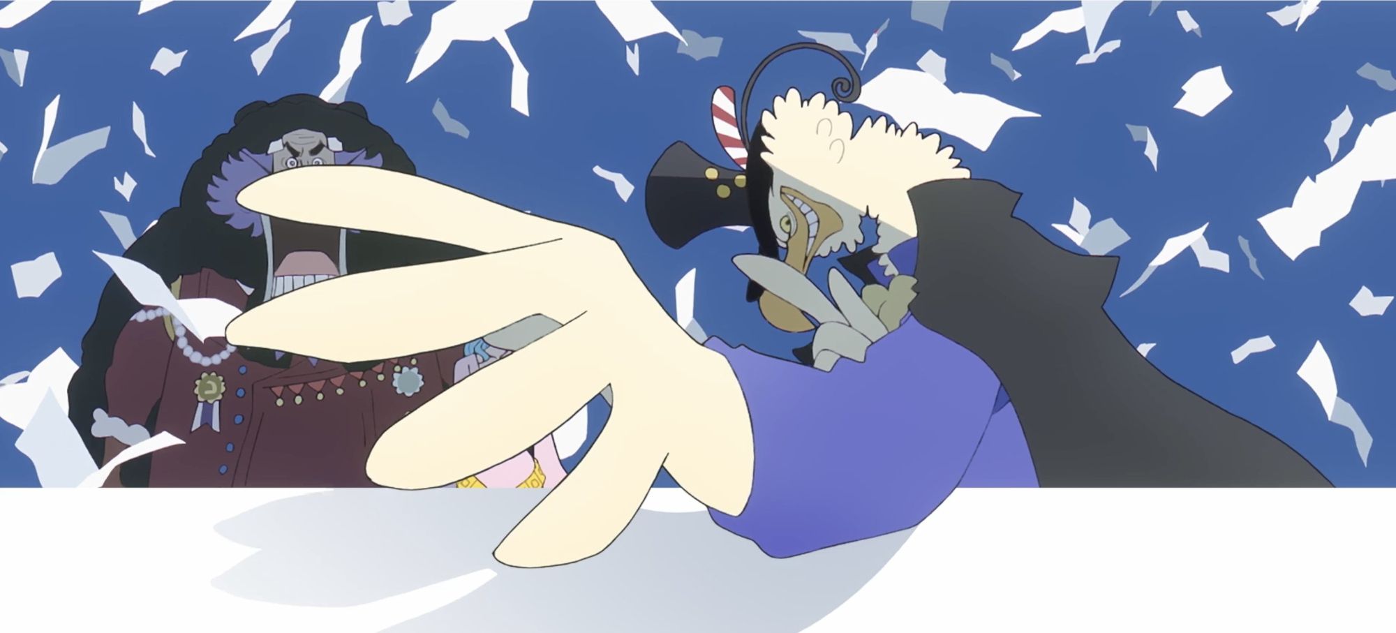 Screenshot from One Piece anime egghead opening shows Big News Morgans obscuring King Wapool and Vivi while newspaper fly in the background.