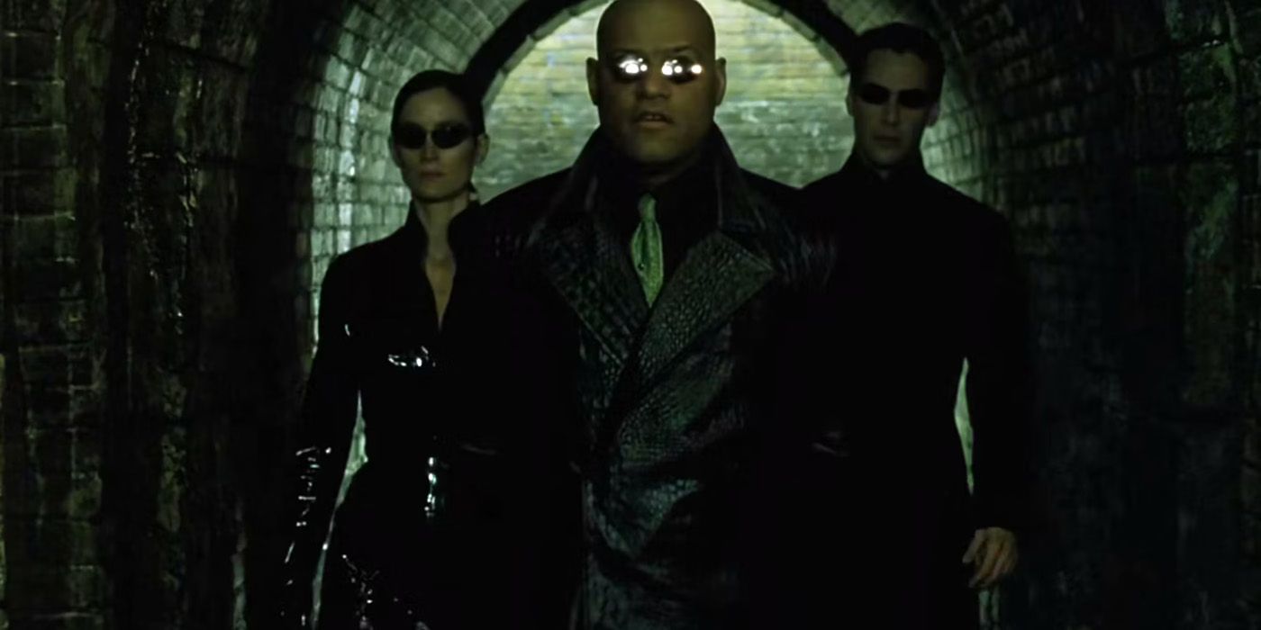 Morphius, Trinity and Neo walking in The Matrix