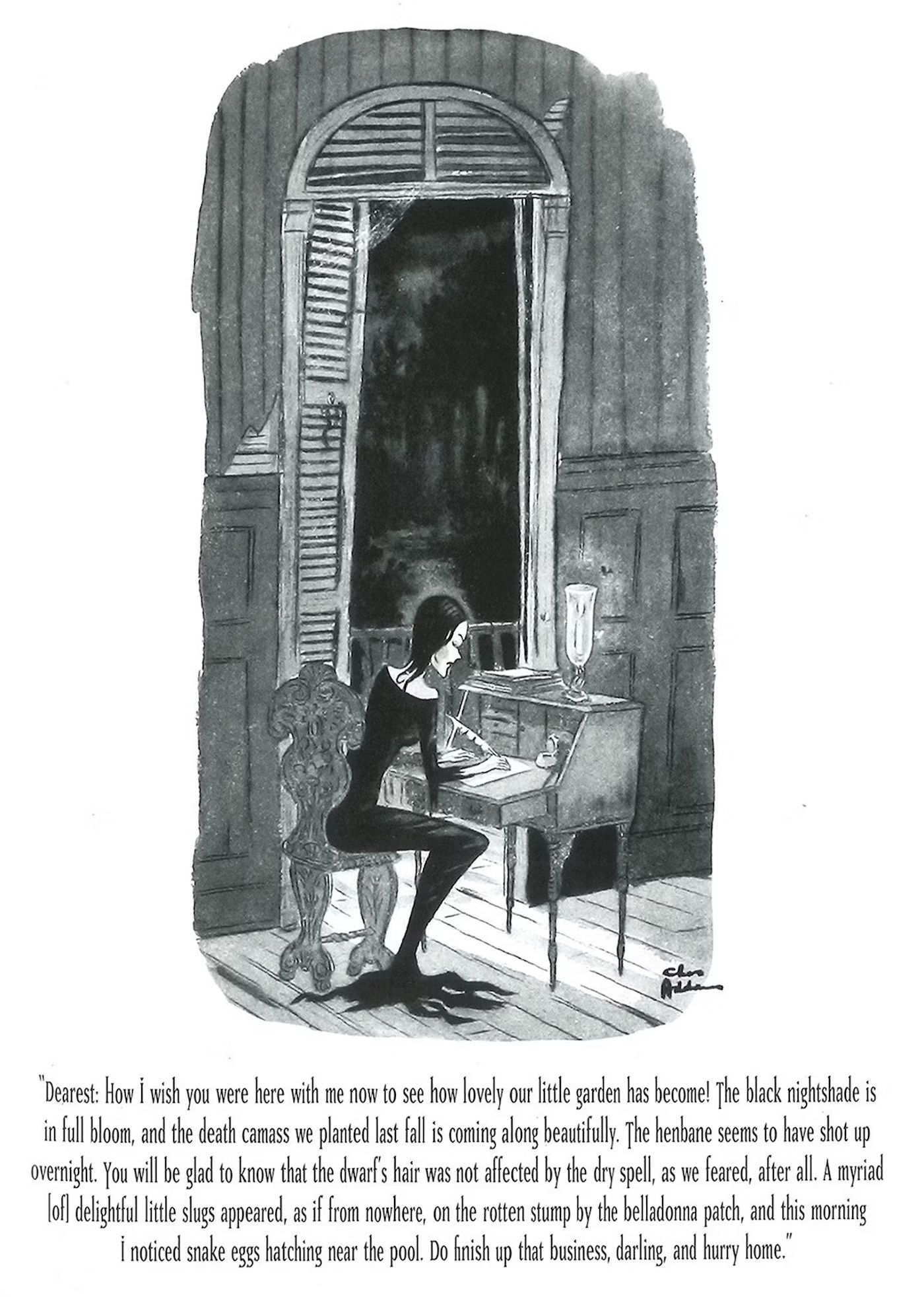 Morticia Addams writes letters to Gomez