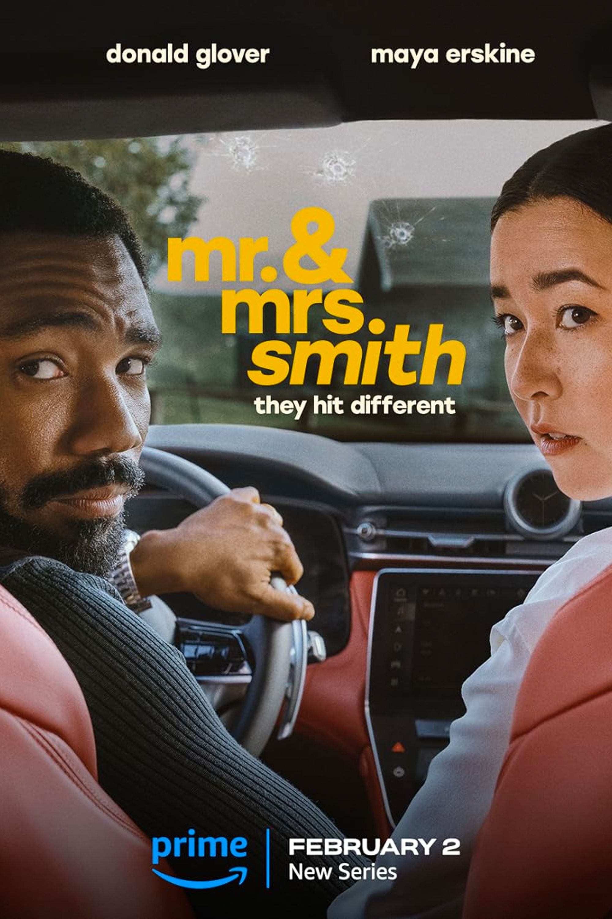 Mr and Mrs Smith TV Show Poster Showing Donald Glover and Maya Erskine looking backward in a car with bullet holes in their windshield 