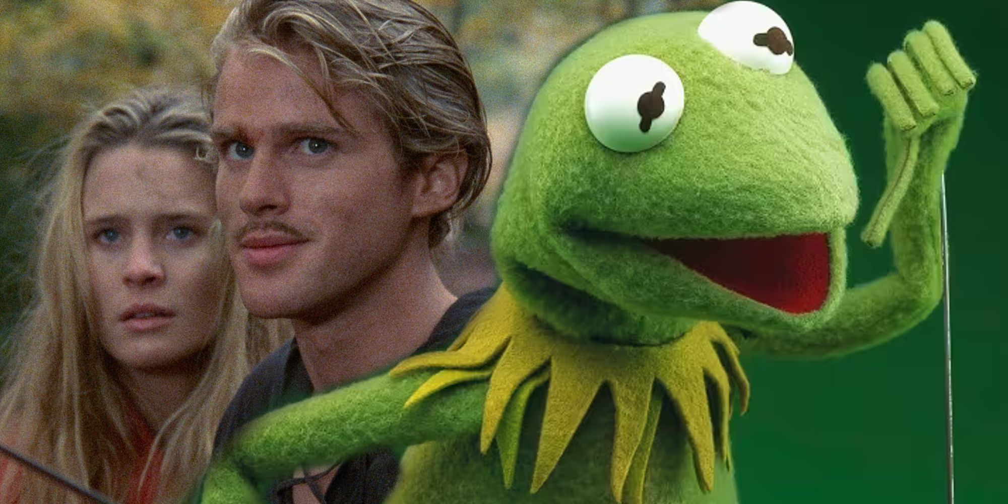 Kermit the Frog in front of Robin Wright as Buttercup and Cary Elwes as Westley in The Princess Bride 