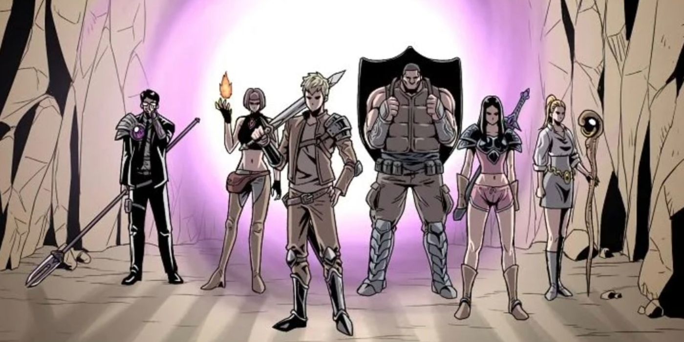 Murim Login hunters emerging from a gate to attack goblins