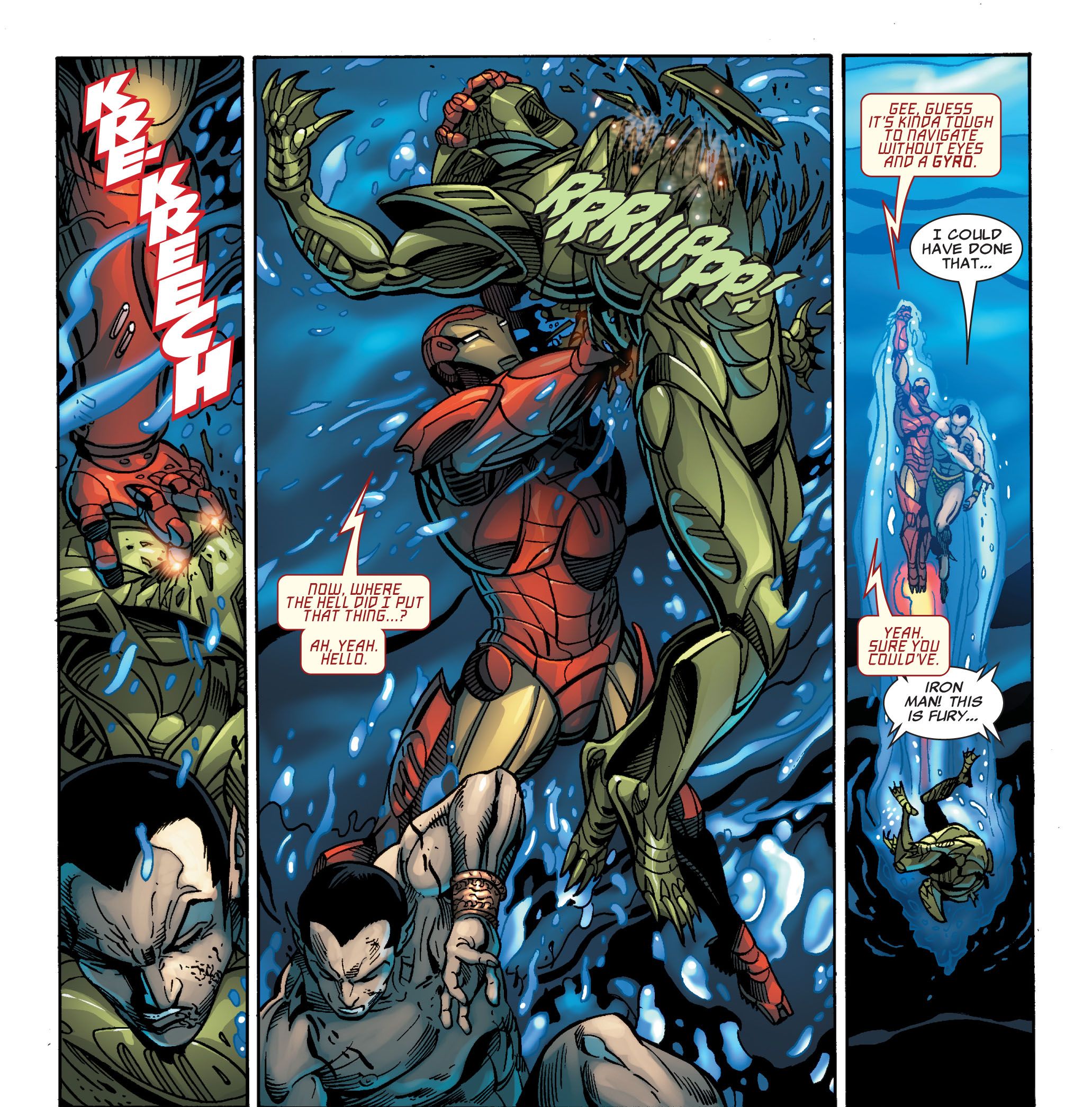 Iron Man (Vol. 4) #12, Iron Man stops the Submariner Argonaut suit and rescues Namor. 
