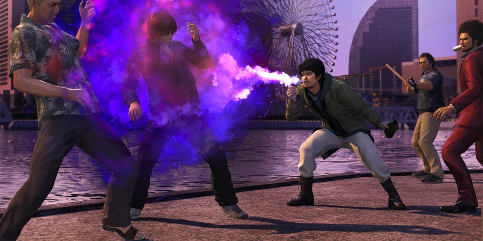 Nanba using pyro breath as the Homeless Guy Job In Like A Dragon Infinite Wealth