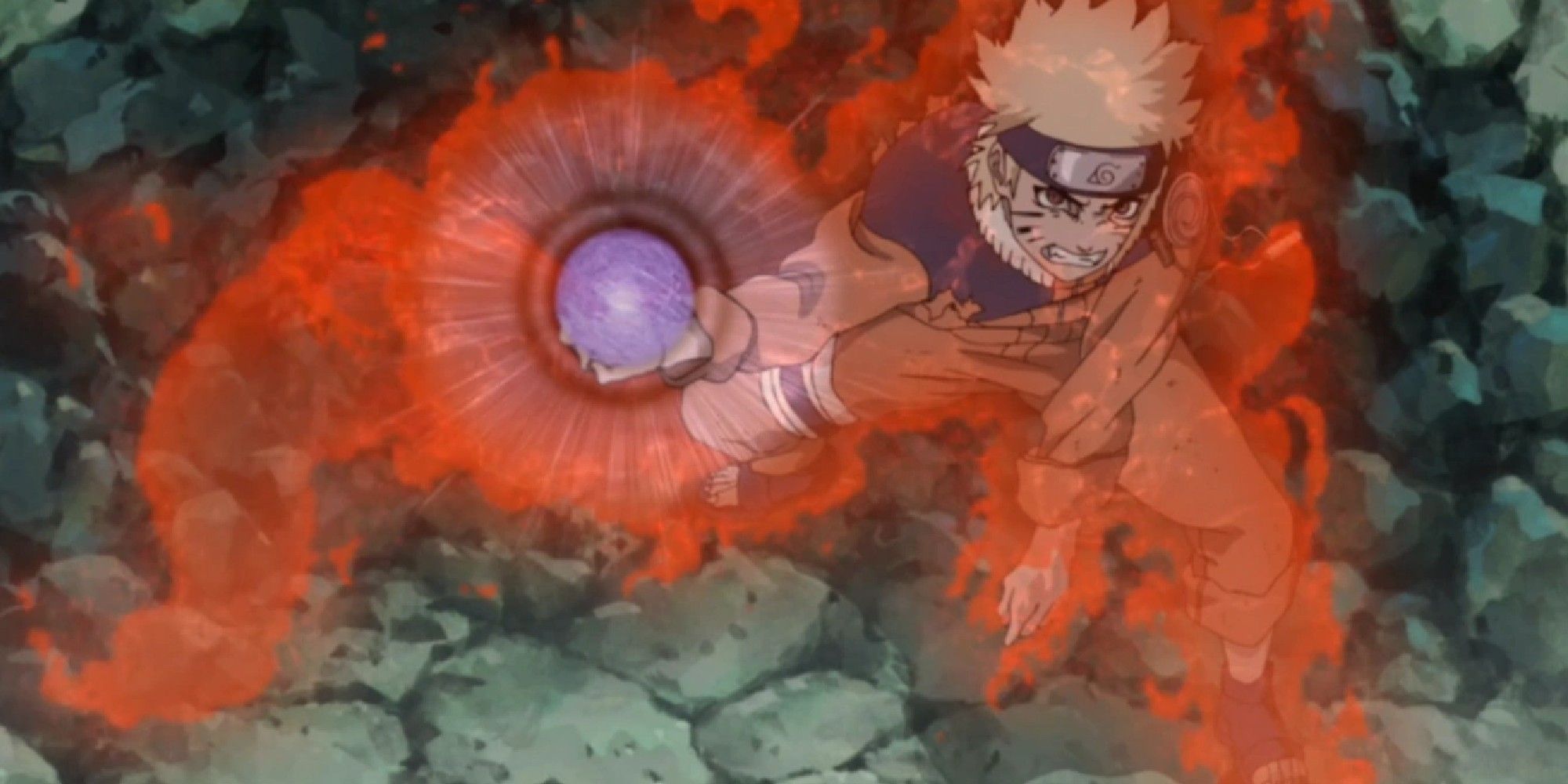 Naruto camuflado no chakra de Kurama e usando um Rasengan
