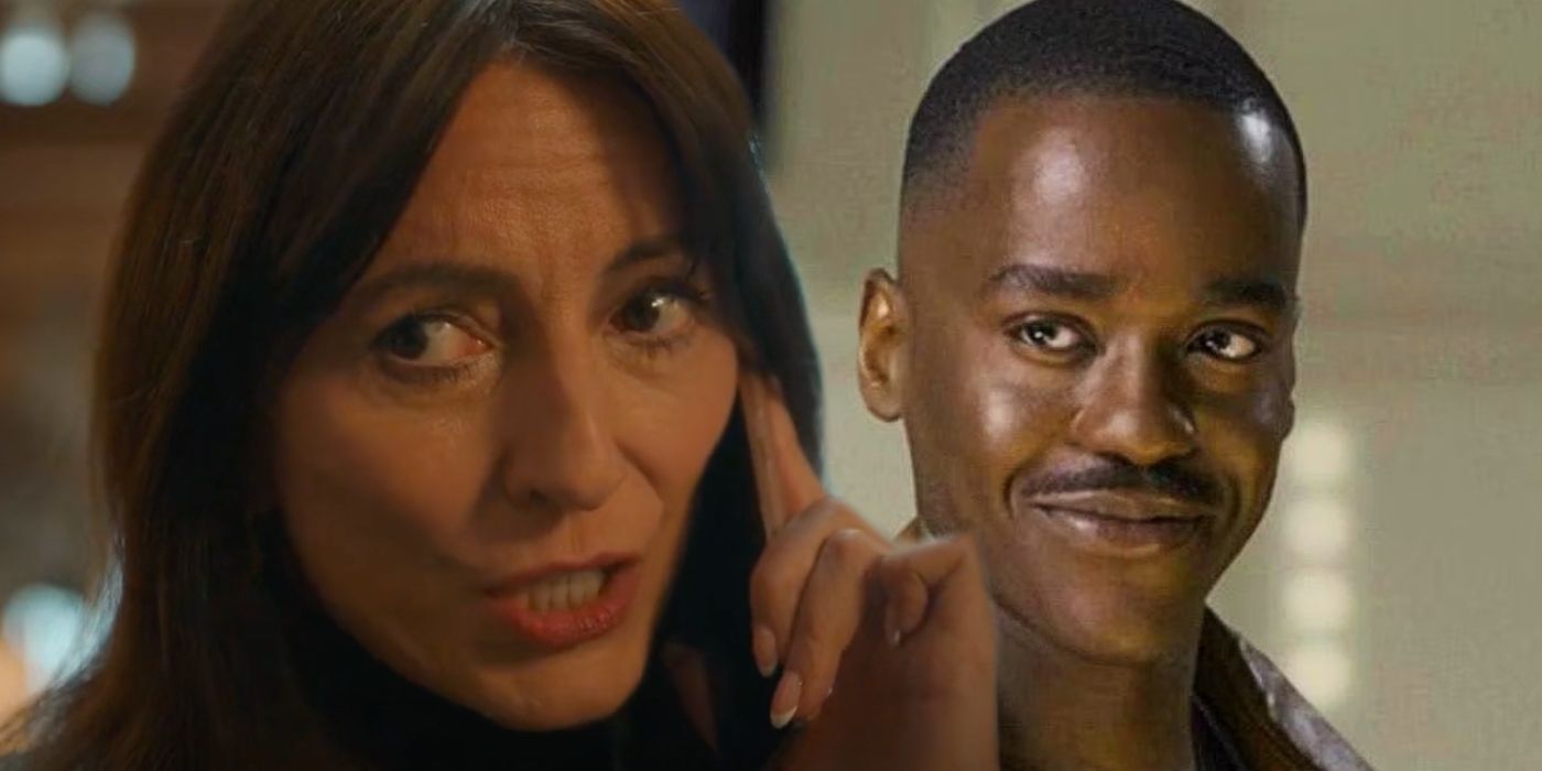 Davina McCall speaking on the phone and Ncuti Gatwa as the Fifteenth Doctor smiling on Doctor Who