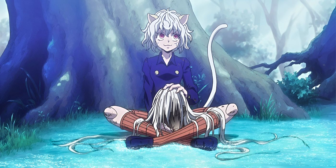 Neferpitou holds Kite's head after killing him from Hunter x Hunter 2011's Chimera Ant arc.