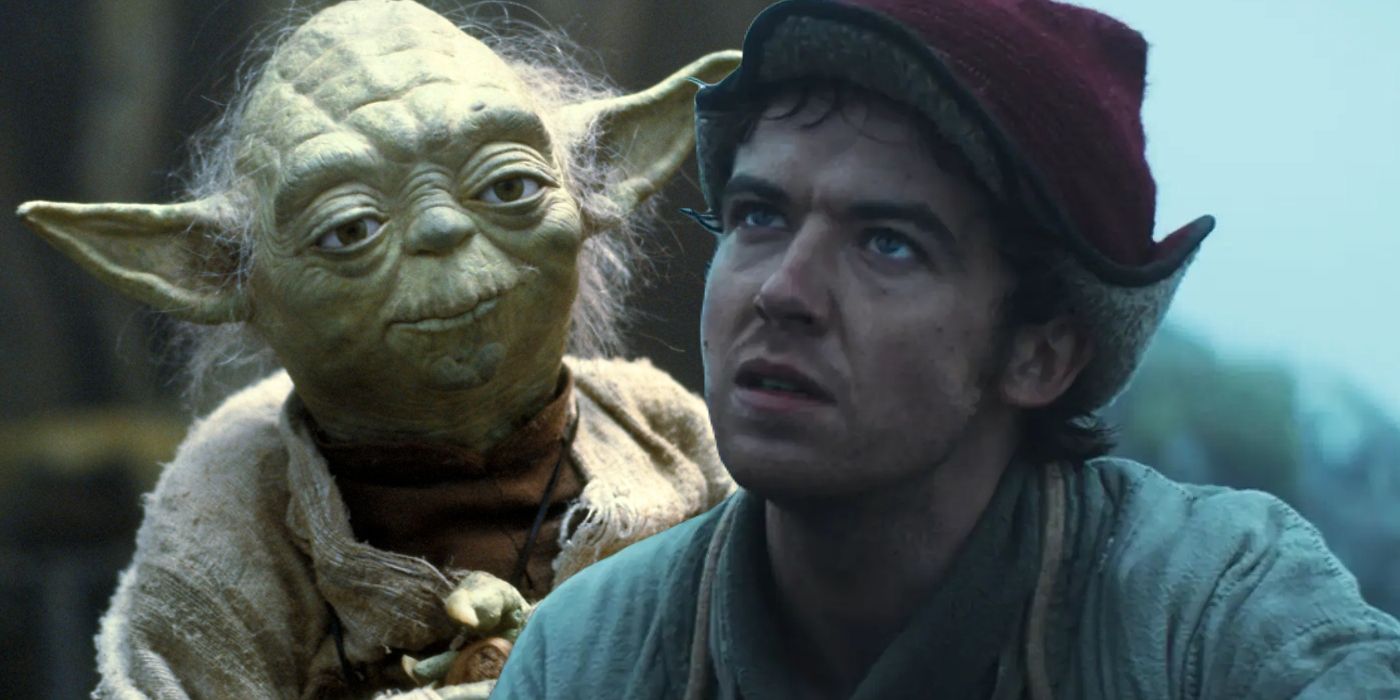 Nemik from Andor looking up at Yoda from The Empire Strikes Back