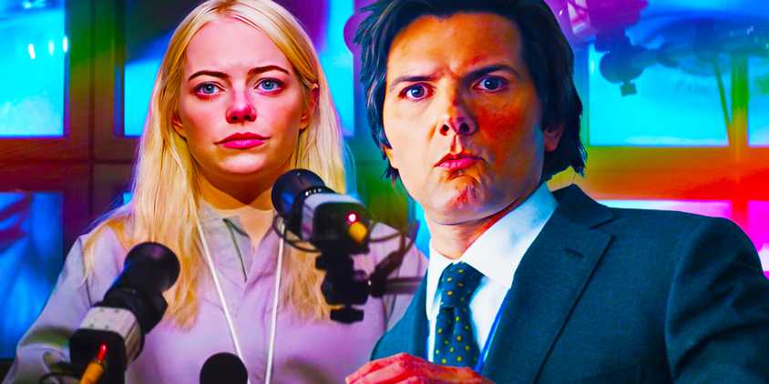 Emma Stone as Annie Landsberg in Maniac, and Adam Scott as Mark Scout in Severance.