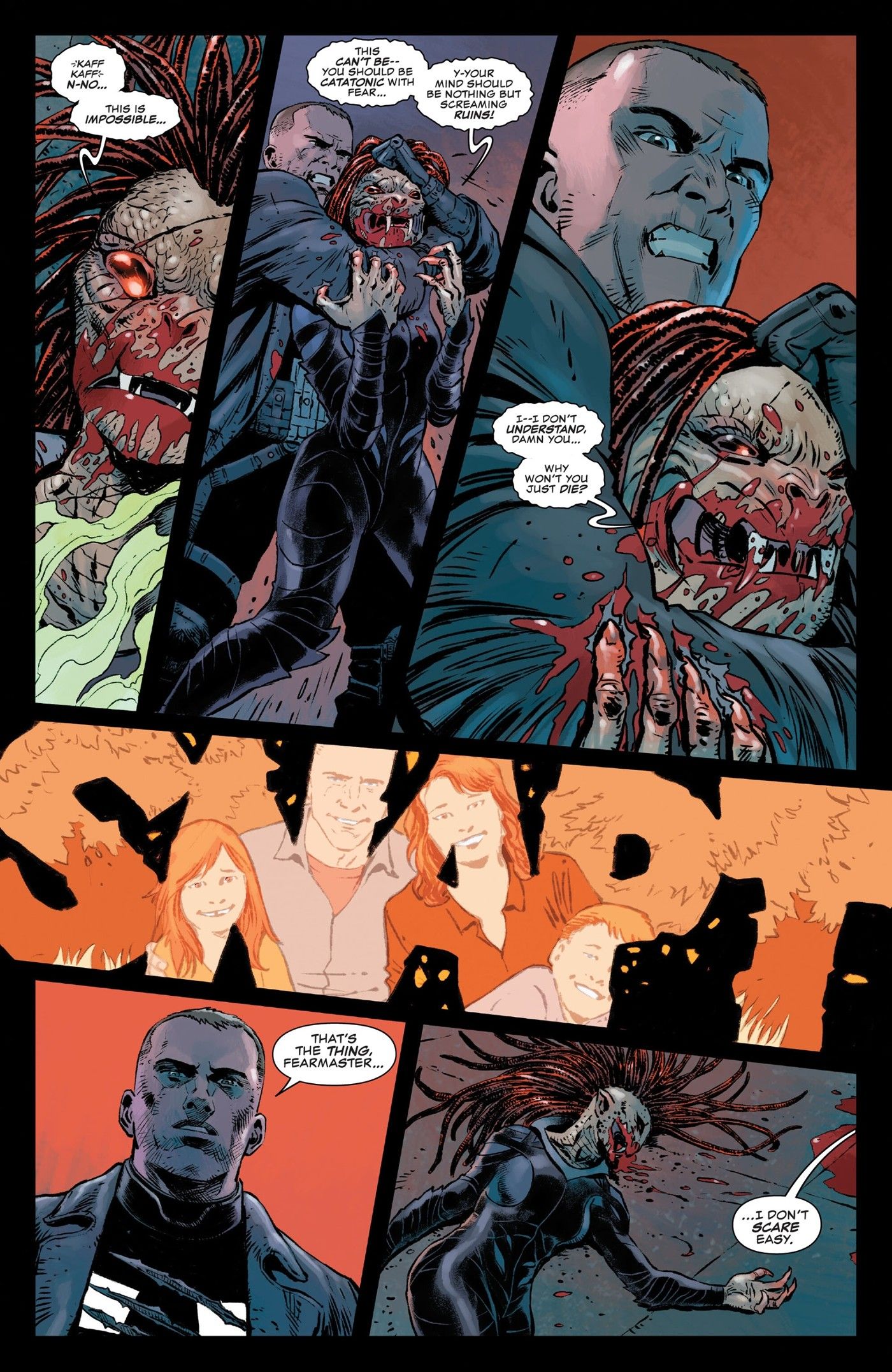Six panels of the new Punisher fighting FearMaster and ultimately snapping her neck and killing her.