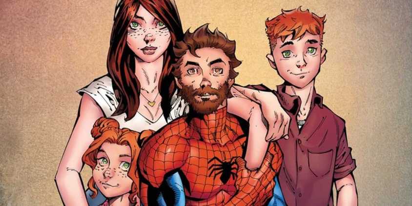 Ultimate Spider-Man, Parker family portrait, Peter in Spidey suit, with Mary Jane and their two kids.