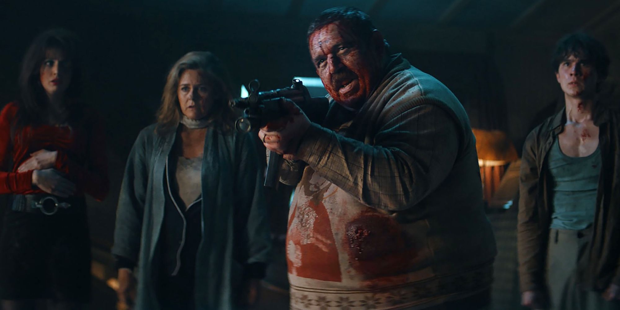Nick Frost's Bernie aims a gun at intruders in Krazy House