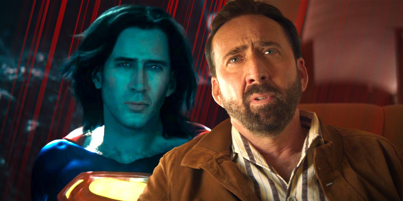 Nicolas Cage as Nick Cage looking at Superman in The Flash