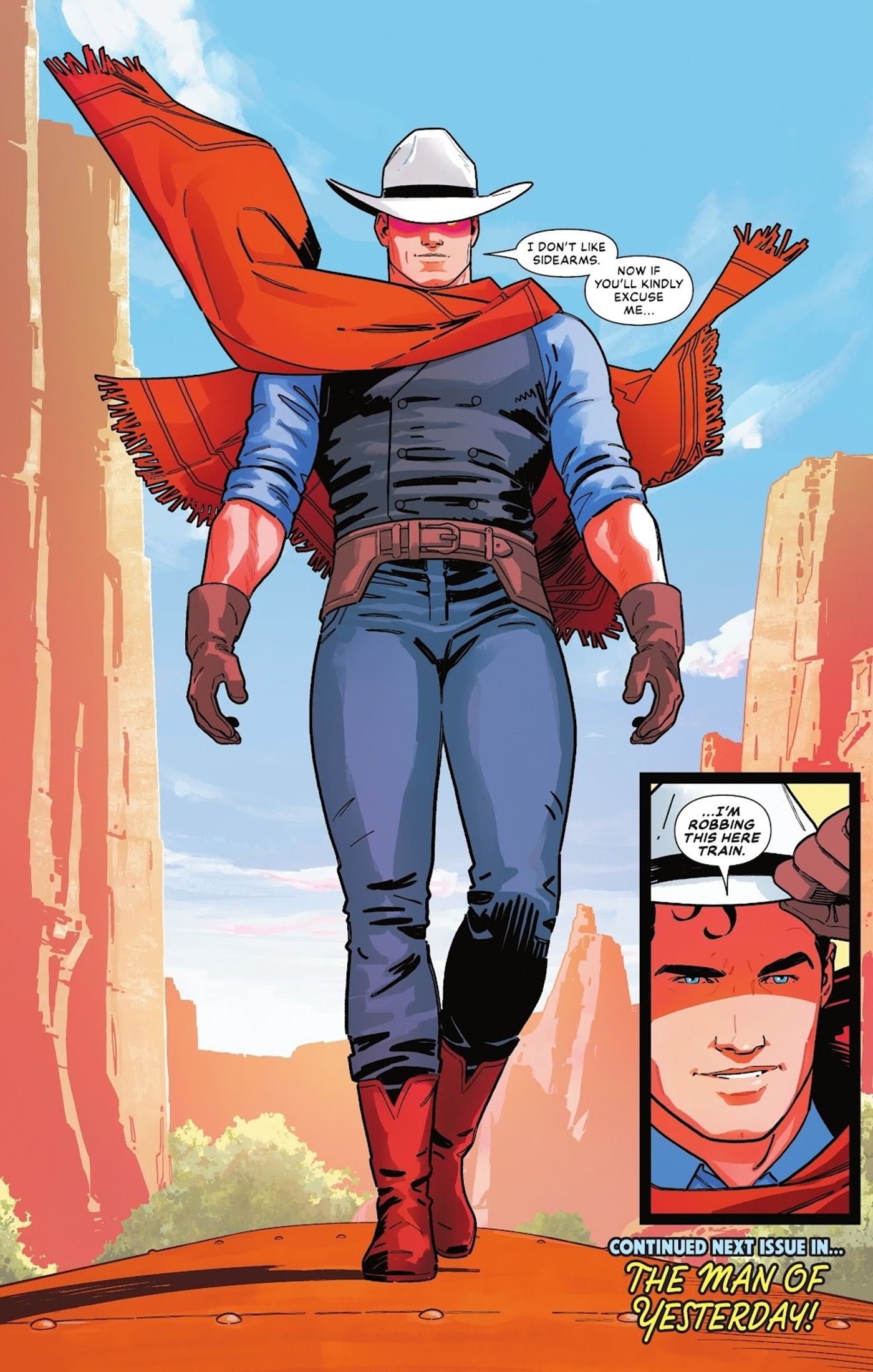 Página de quadrinhos: uma versão cowboy do Superman com um chapéu branco e outros acessórios clássicos de cowboy fica no deserto.