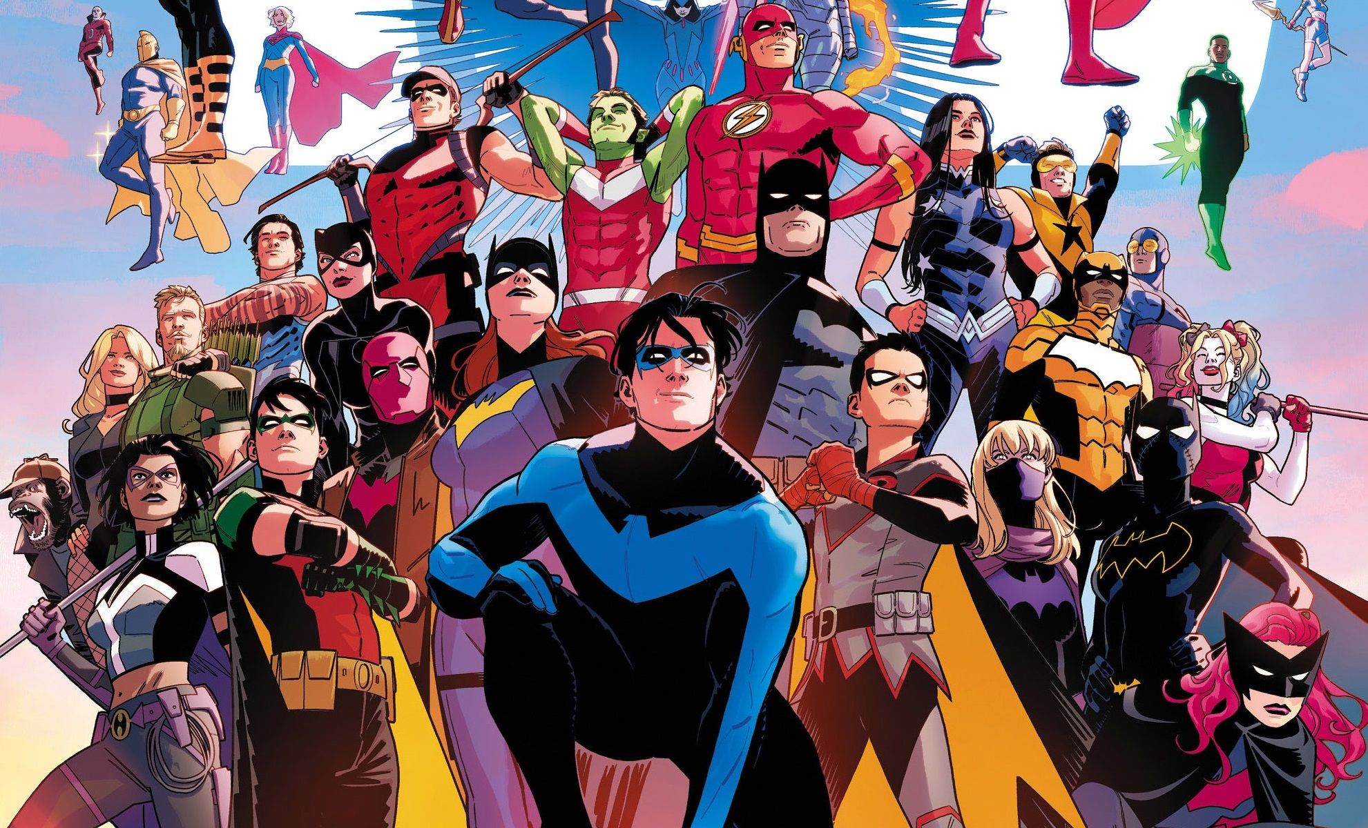 Comic book art: Nightwing crouches in the forefront with a huge roster of DC characters standing in solidarity behind him.