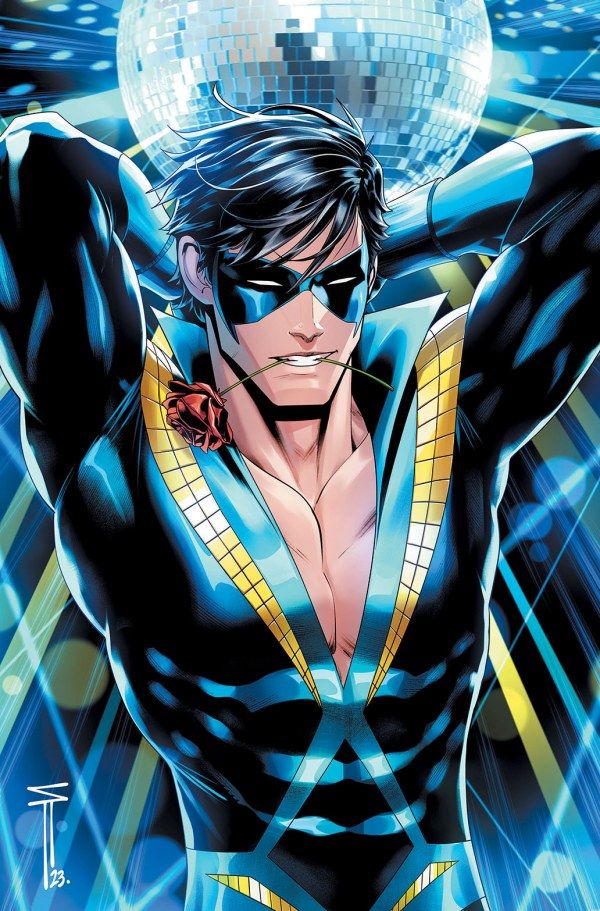 Nightwing #113 variant cover featuring Dick Grayson with a rose in his mouth, wearing his Discowing Suit