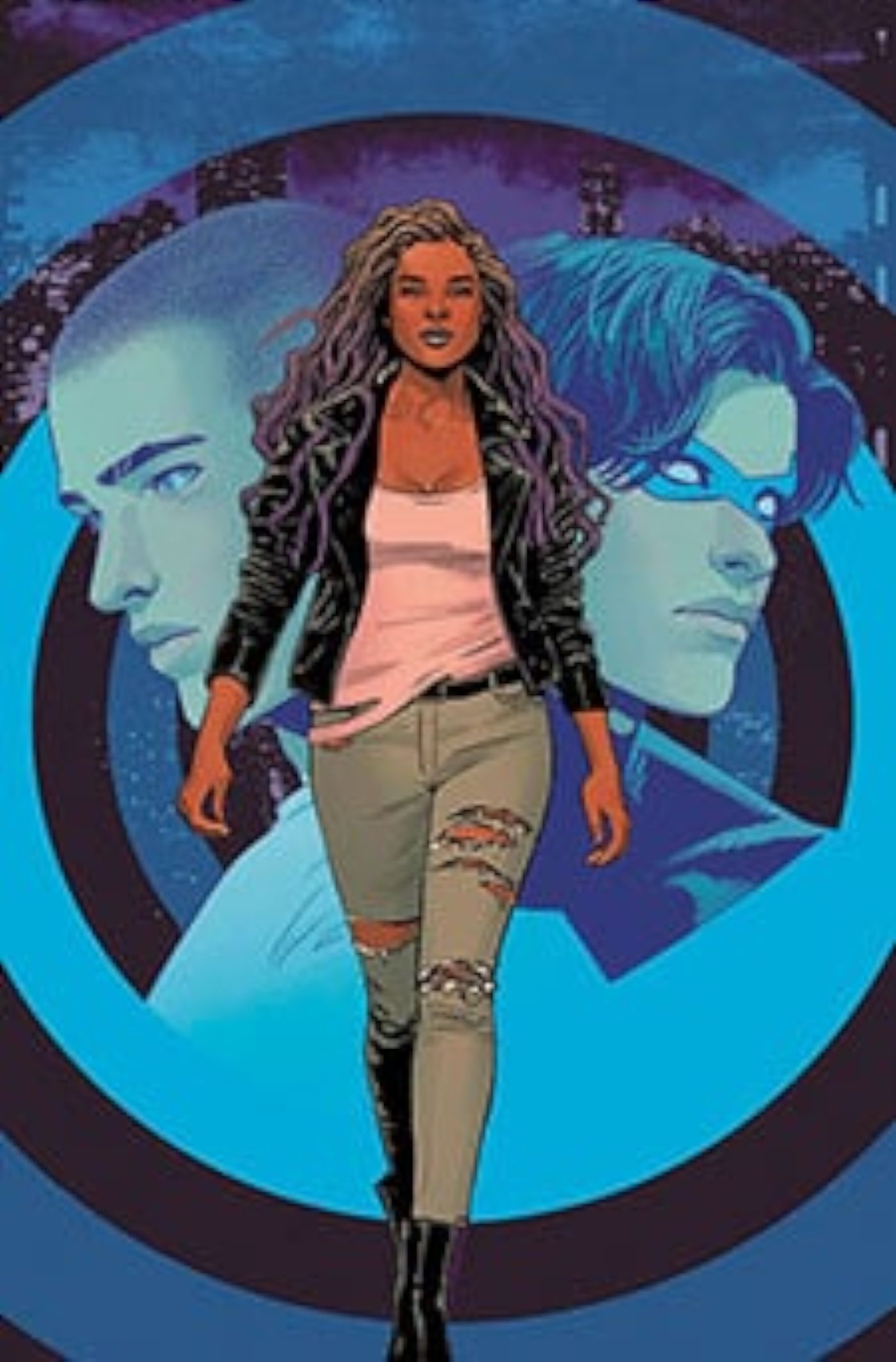 Solicitações anuais da capa principal do Nightwing 2024: Bea Bennett caminhando para frente com duas imagens de Nightwing e Ric Grayson atrás dela.