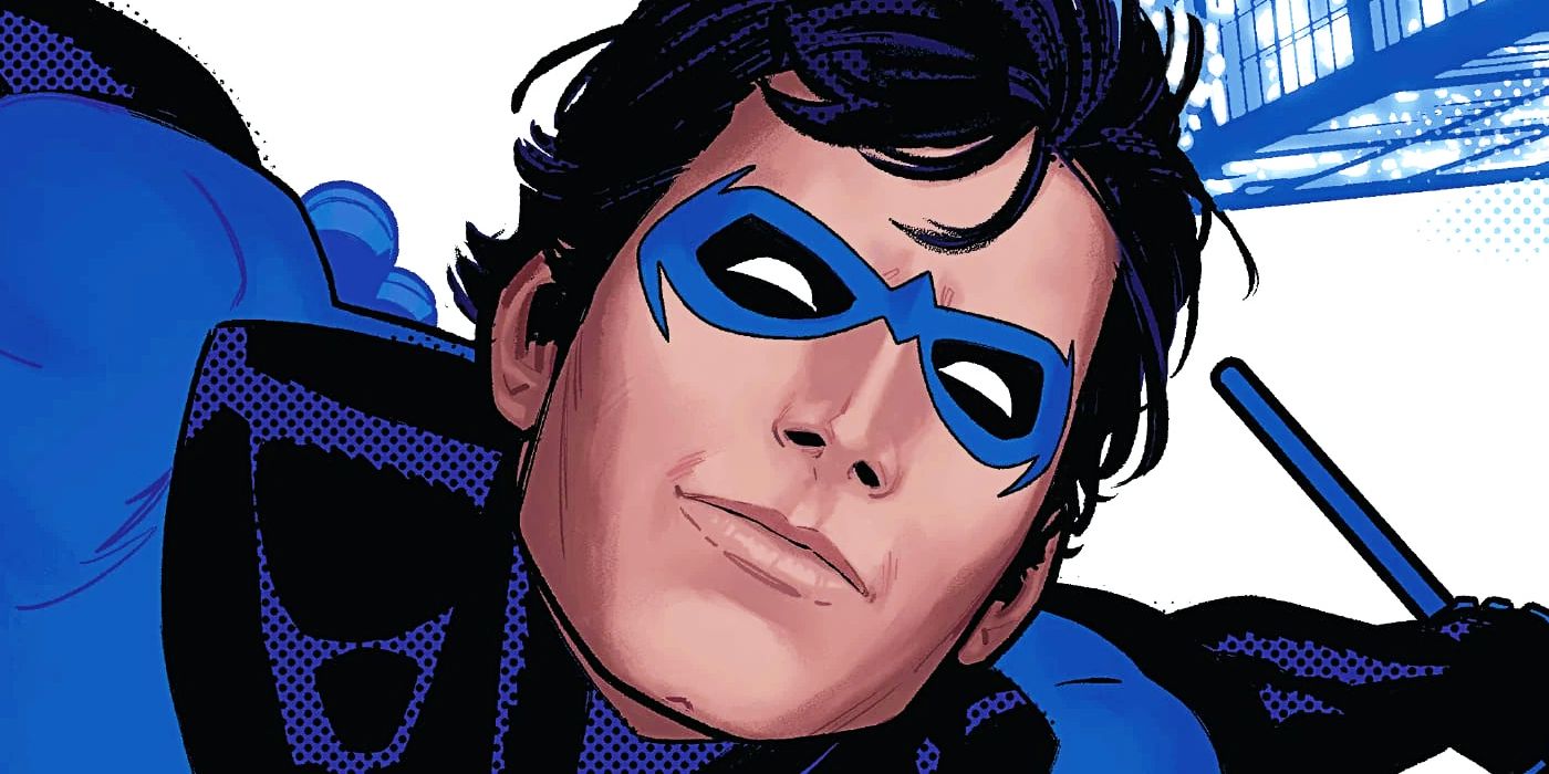 A closeup on Nightwing's face; he's diving toward the viewer with a serene smile.