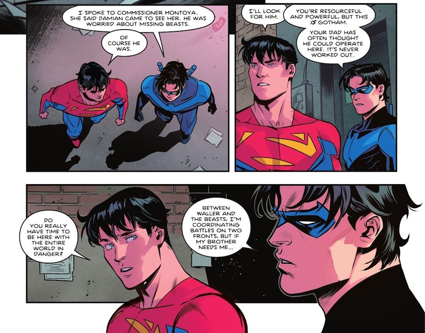 Painéis de quadrinhos: Asa Noturna e Superman Jon Kent discutem a procura de Damian Wayne em um beco.