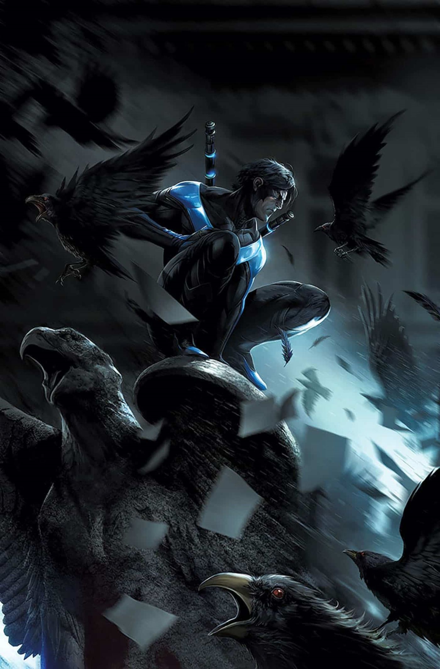 Nightwing 2024 Annual Mattina Variant Solicits: Nightiwng leaping in the dark surrounded by black birds.