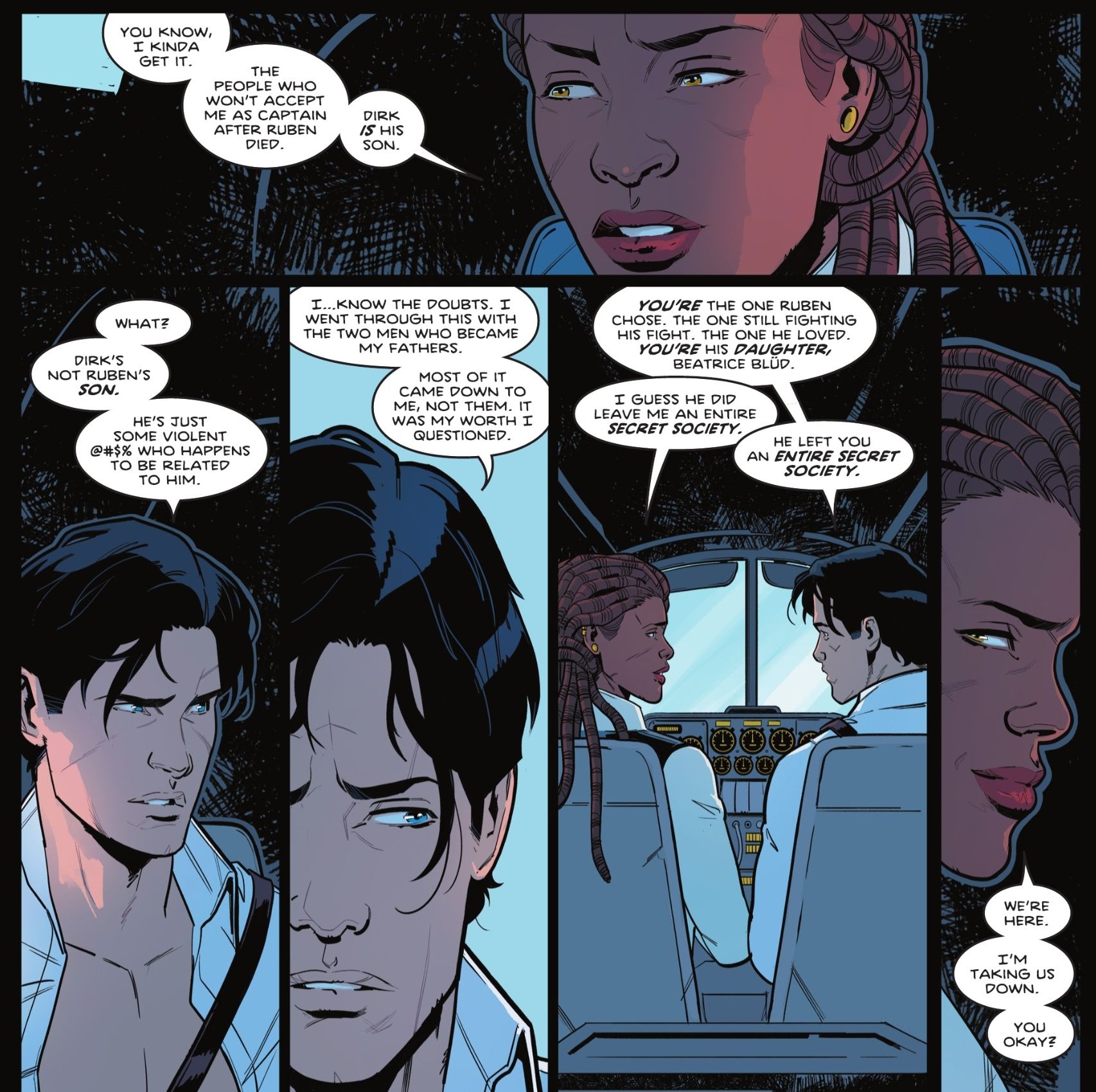 Comic book panels: Beatrice and Nightwing, sitting in the small cockpit of a plane, discuss how being related by blood does not mean the same thing as being family.