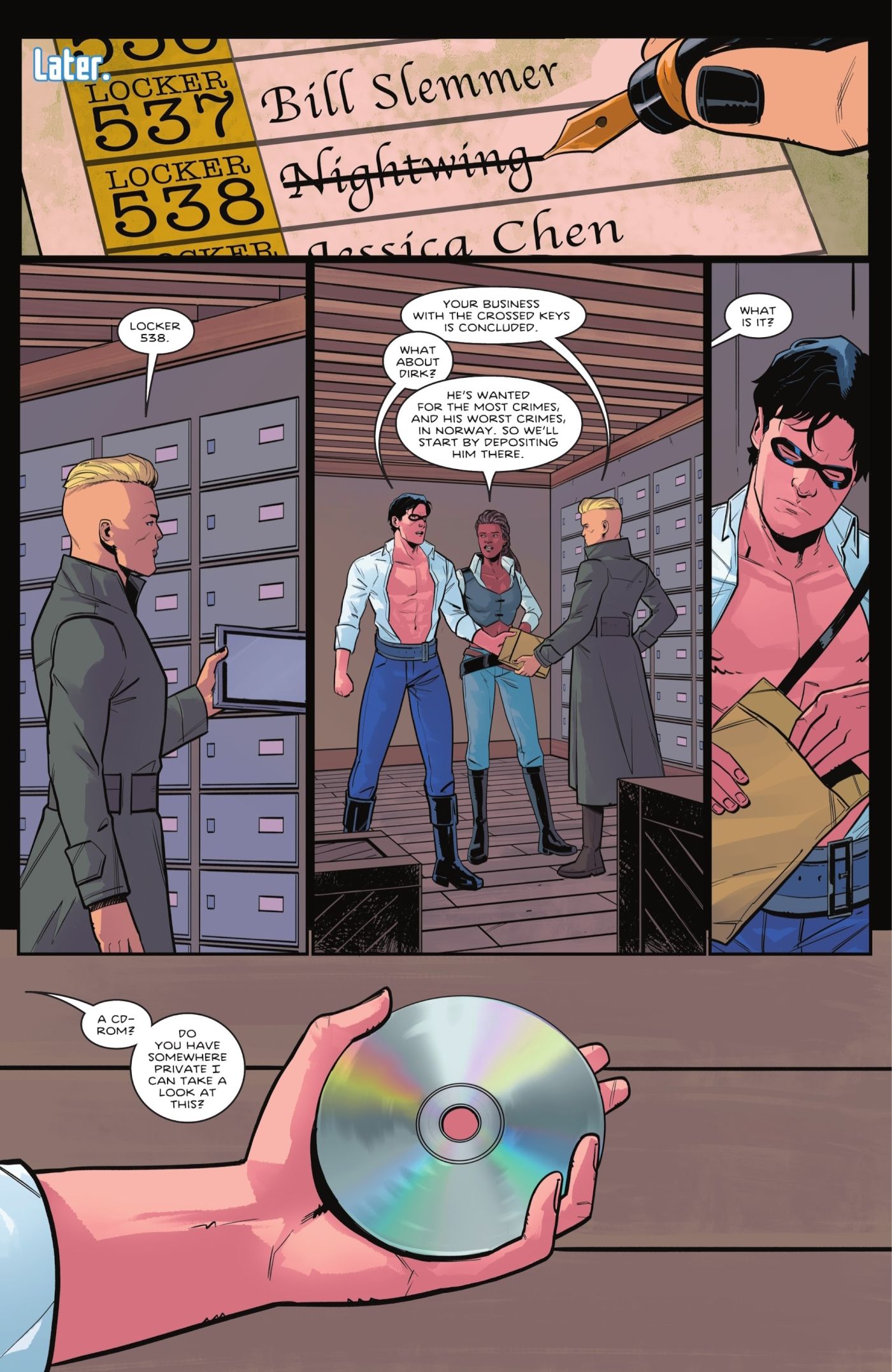 Comic book page: Nightwing uncovered a mysterious DVD