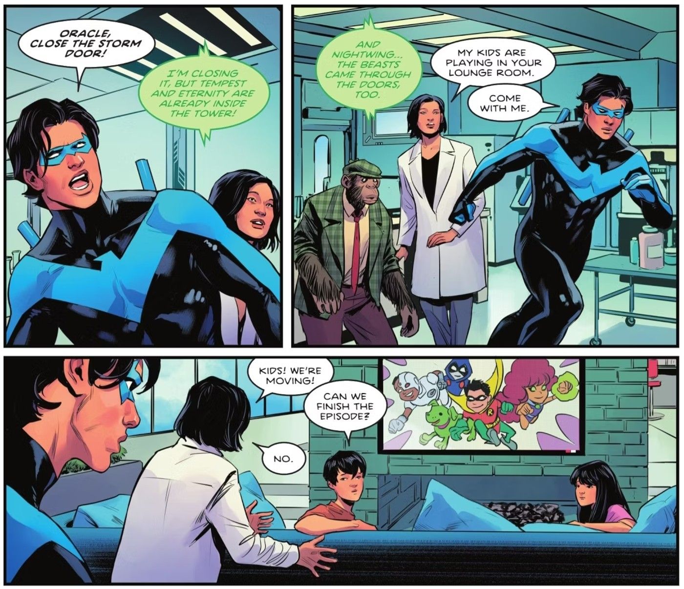Comic book panels: Nightwing looking distressed in the living area of Titans Tower.