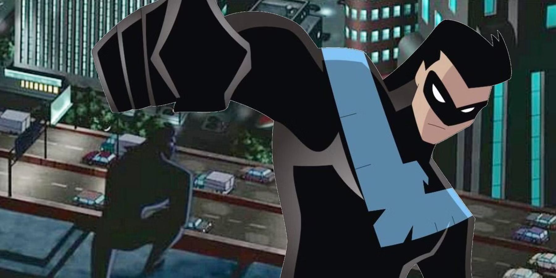 Nightwing overlooks Bludhaven in Justice League Unlimited with an image of him from Batman The Animated Series over it.