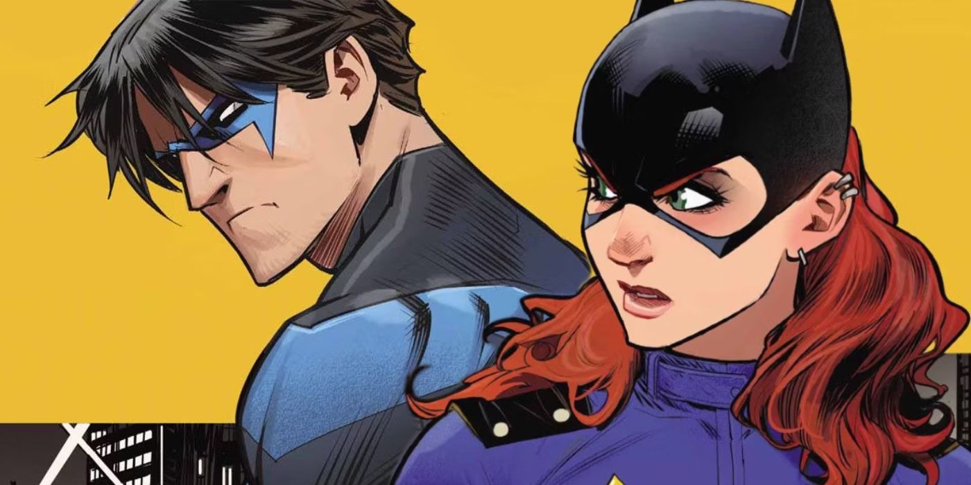 Nightwing looking upset at a concerned Batgirl against a yellow background