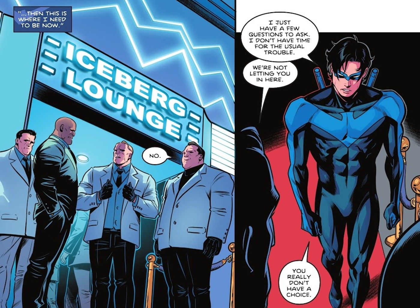 Painéis de quadrinhos: Nightwing procura Damian Wayne no Iceberg Lounge.