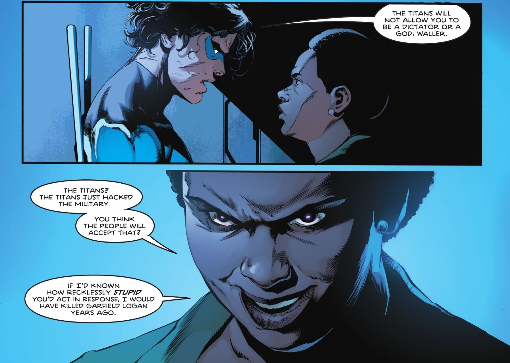 Comic book panels: Nightwing and Amanda Waller argue head-to-head.