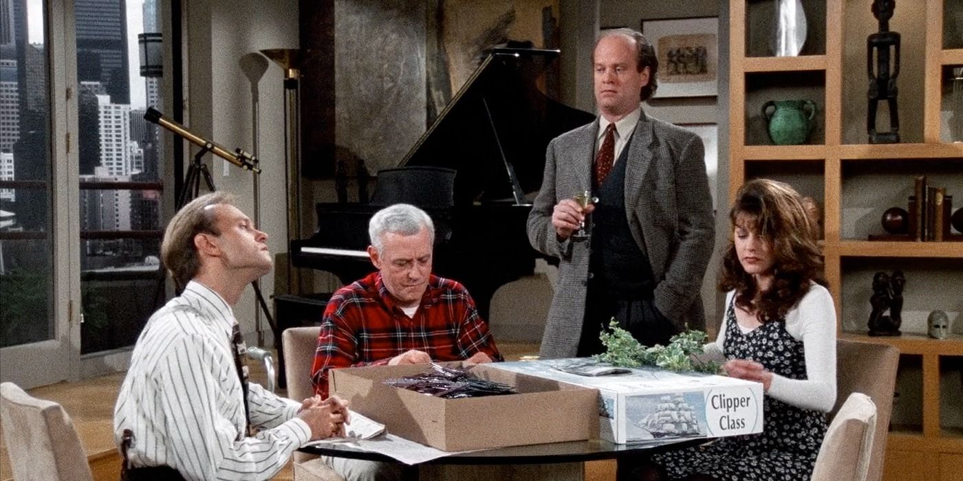 Niles, Martin, Frasier, and Daphne at the breakfast table in Frasier