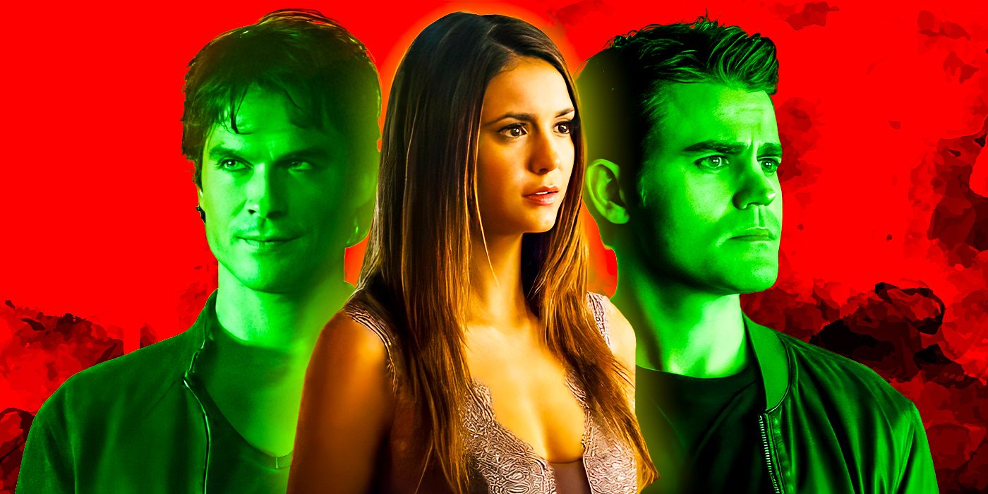 A custom image features Damon and Stefan in green over a background of blood with Elena Gilbert at the front, all from The Vampire Diaries