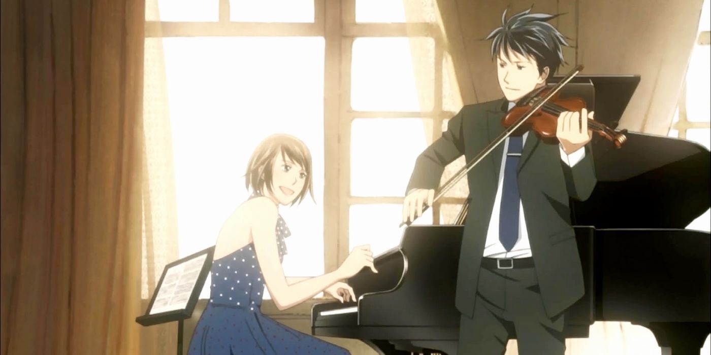 Anime Nodame Cantabile com Shinichi e Megumi tocando piano e violino, respectivamente.