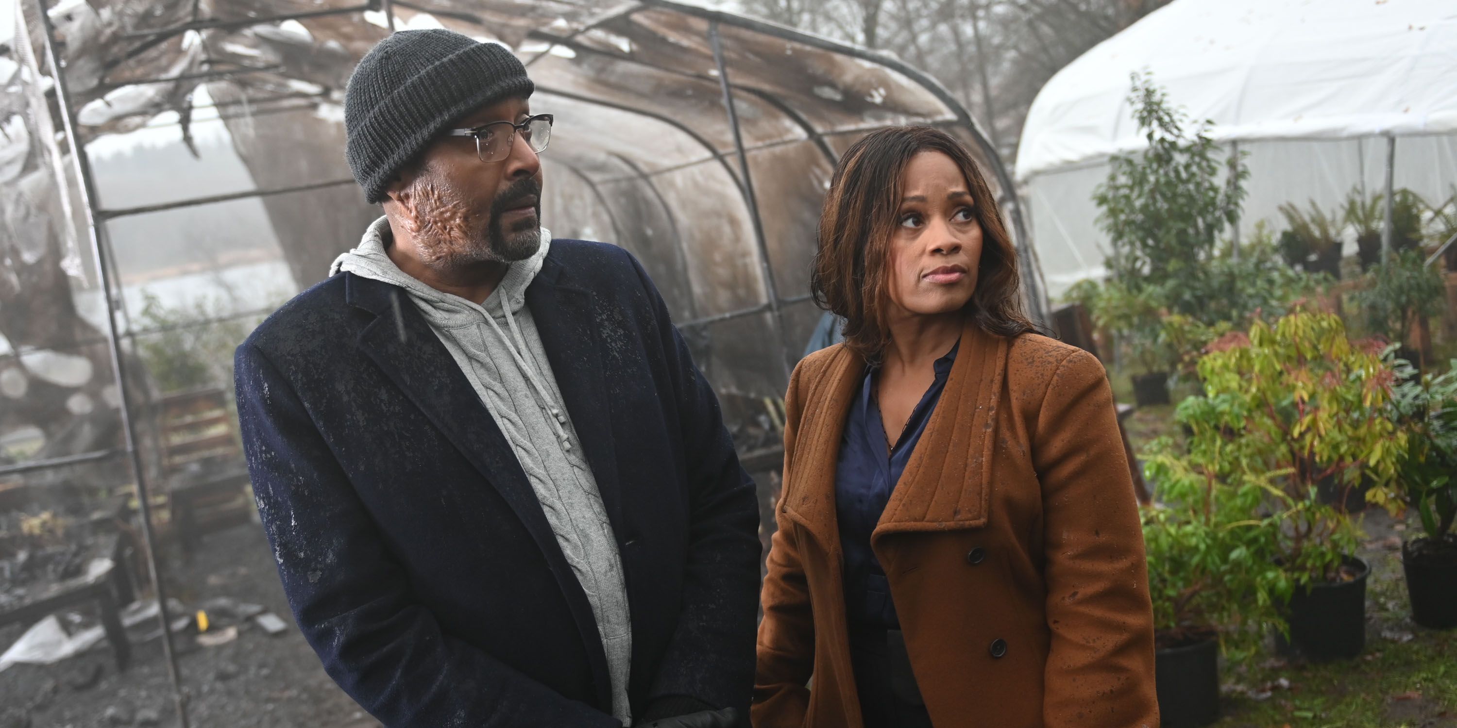 Jesse L. Martin as Alec Mercer and Maahra Hill as Marisa in a greenhouse in The Irrational 108.