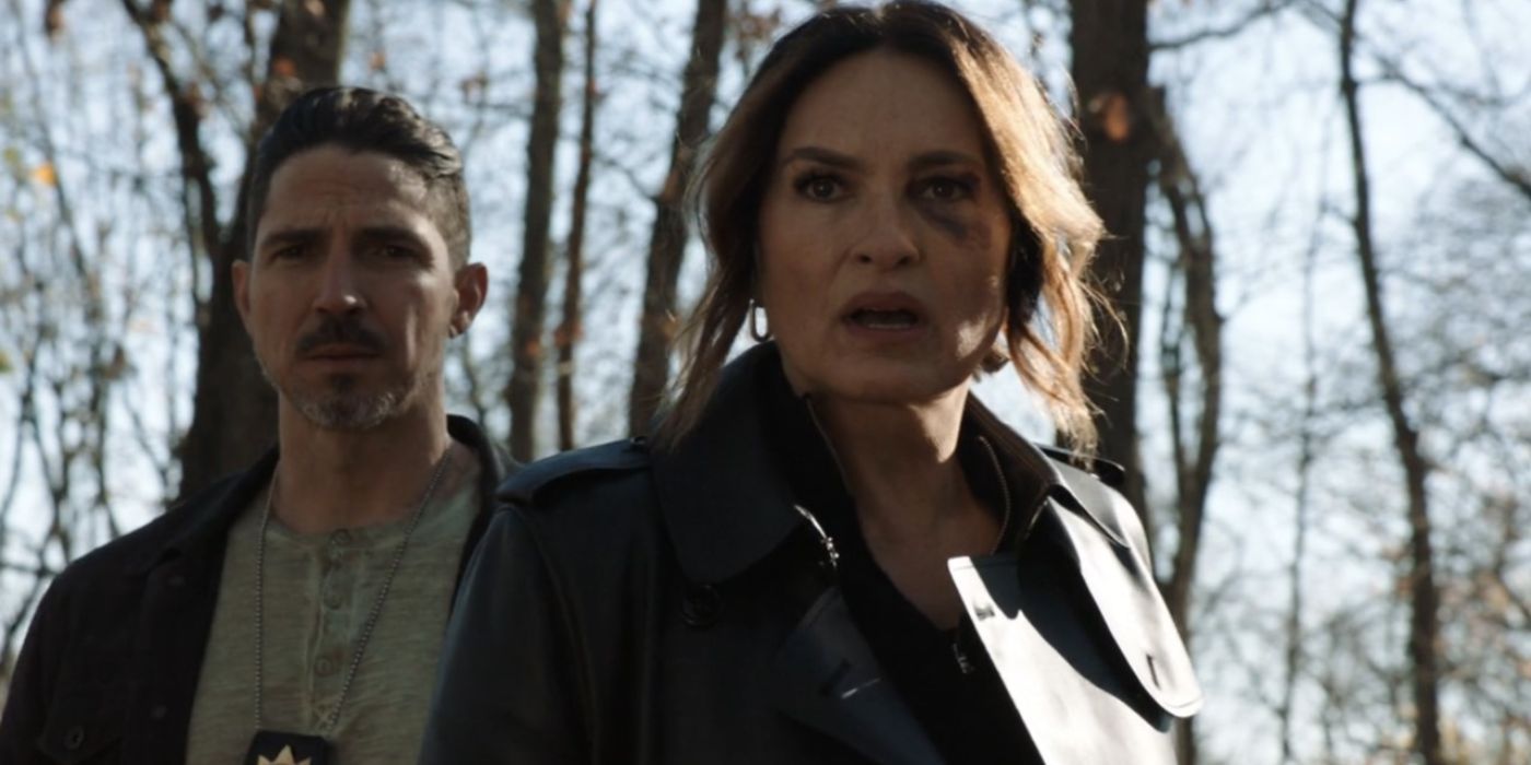 Olivia Benson (Mariska Hargitay) with a black eye and Mike Duarte (Maurice Compte) staring in shock at something in SVU.