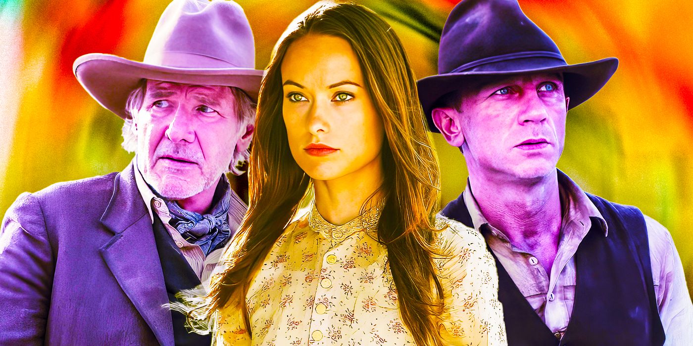 Harrison Ford as Woodrow Dolarhyde, Olivia Wilde as Ella Swenson, and Daniel Craig as Jake Lonergan in a custom image of Cowboys & Aliens.