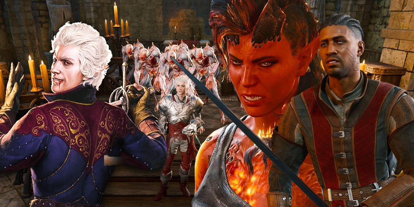 Astarion, Karlach, and Wyll superimposed onto an image of Astarion leading undead in Baldur&rsquo;s Gate 3.