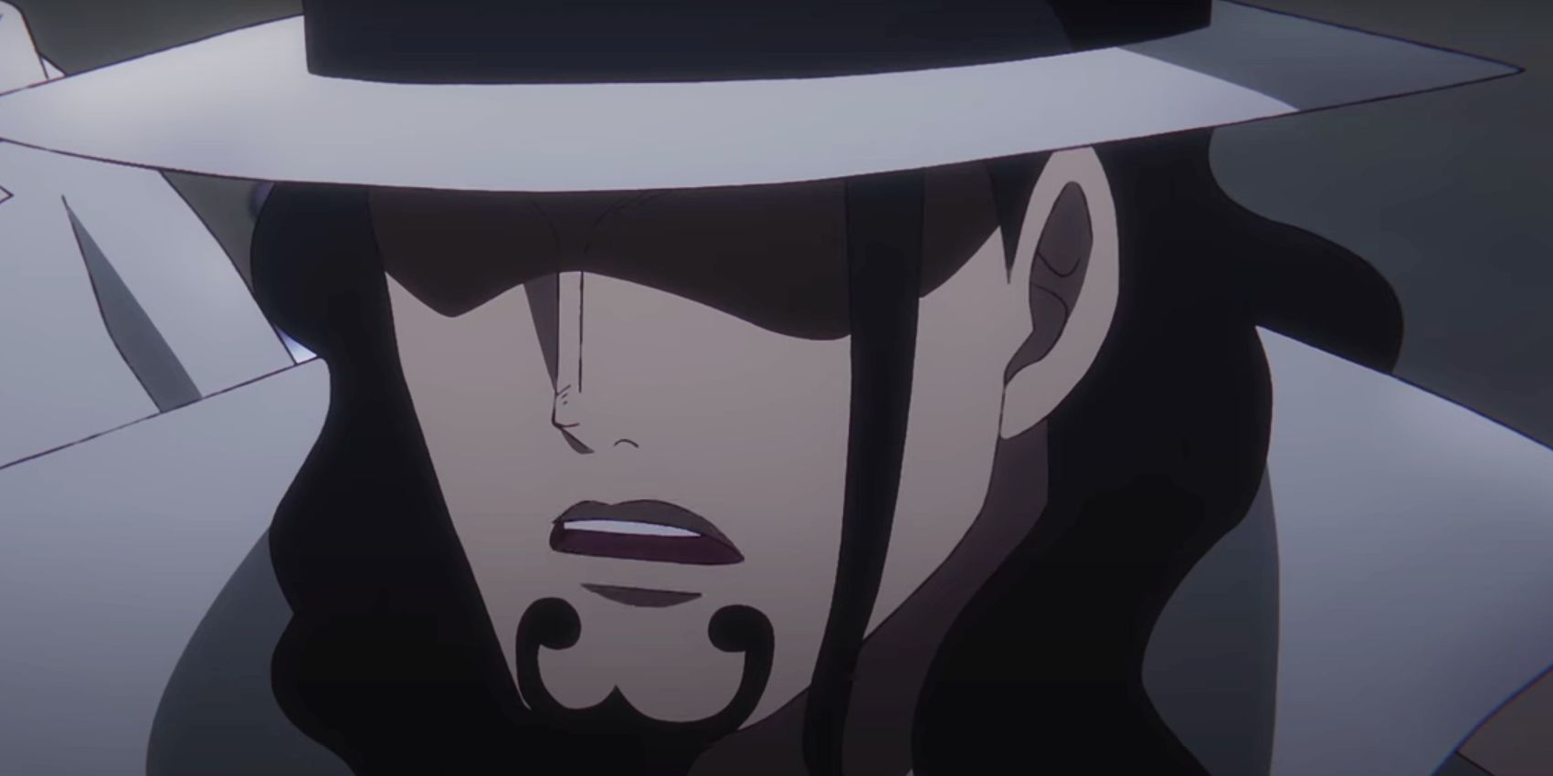 One Piece CP0 lead agent Robert Luccia with his eyes obscured by his fedora.