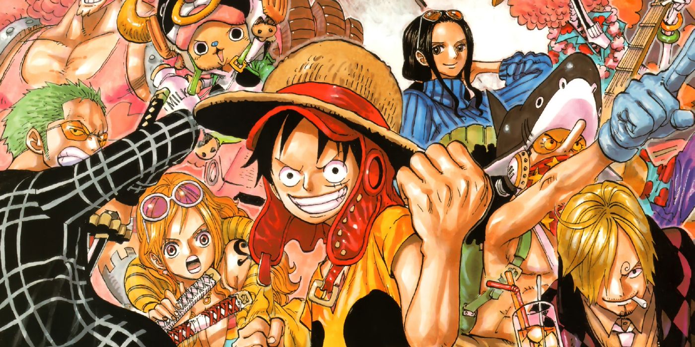 One Piece Film Z official art, featuring some of the crew members of the Straw Hat Pirates, including Luffy, Zoro, Sanji, Robin, Chopper, Nami, Usopp, striking battle poses