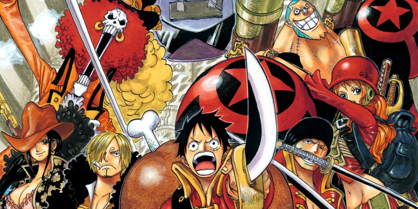 One Piece Film Z official art, featuring some of the crew members of the Straw Hat Pirates, including Luffy, Zoro, Sanji, Robin, Nami, Brook, and Franky, striking battle poses in red uniforms