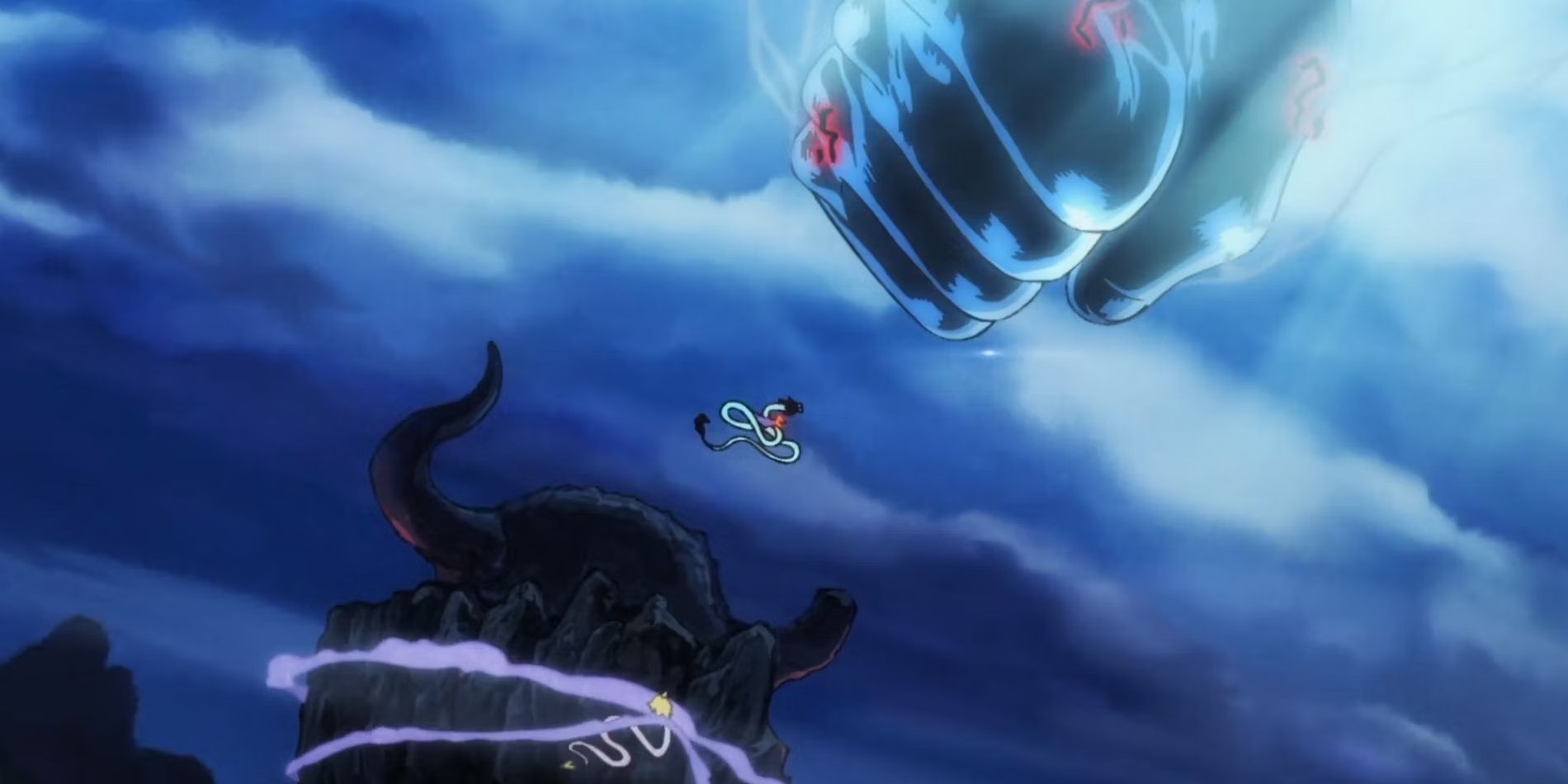 Screenshot from One Piece anime shows Luffy's giant Black fist descending from the sky towards dragon form Kaido and the floating island of Onigashima.