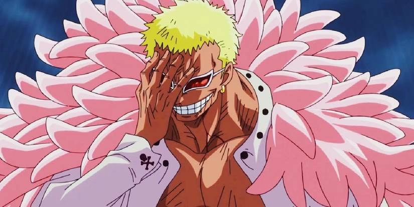 One Piece's Doflamingo Laughing with his palm covering half his face