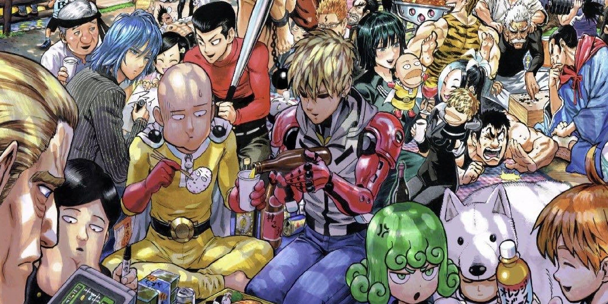 One-Punch man color spread showing the characters on a picnic