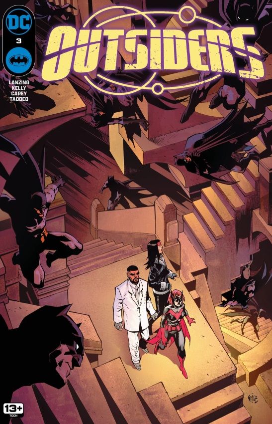 Luke Fox, Batwoman, and Drummer walk through an M.C. Escher landscape of twisting, impossible staircases as Batman after Batman wanders through the spaces around them.