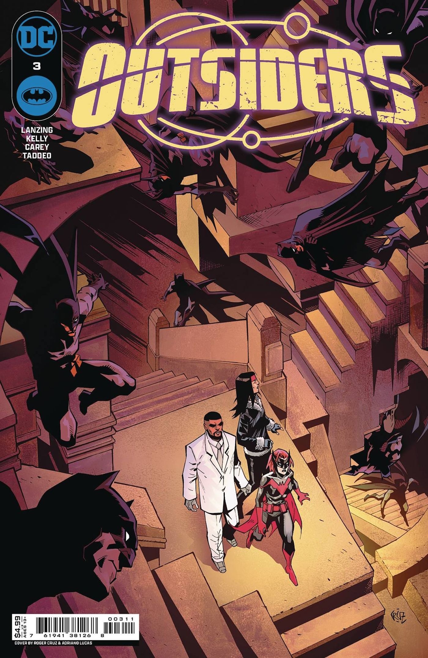 Outsiders 3 Main Cover: a trio of superhero characters walk around a mystical staircase filled with versions of Batman.